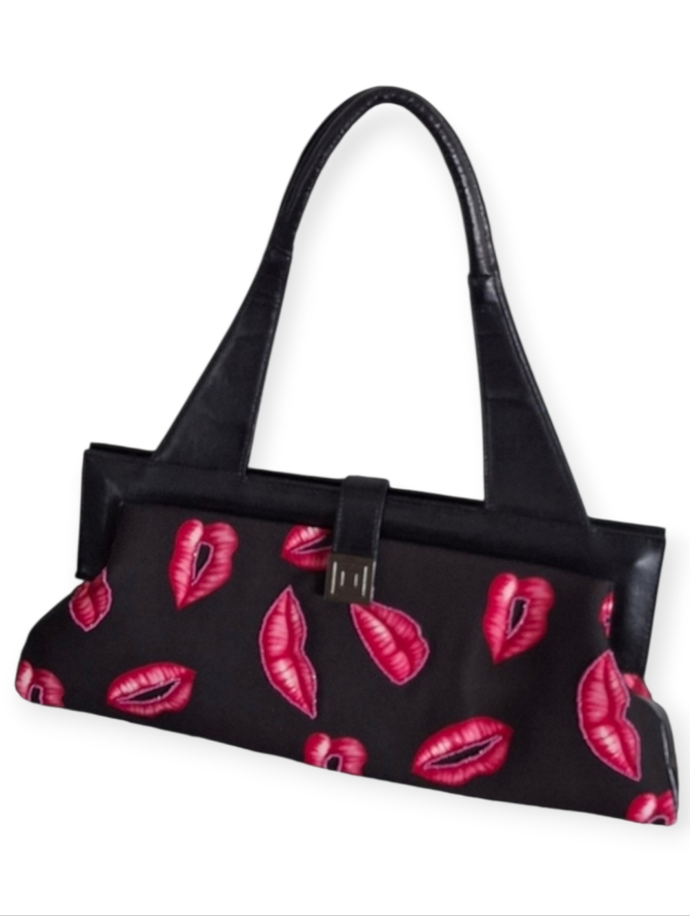 Vintage 90's Y2K Cherry Print Shoulder Purse In Black & Pink. Far Nine.  Lips